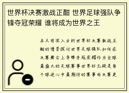 世界杯决赛激战正酣 世界足球强队争锋夺冠荣耀 谁将成为世界之王
