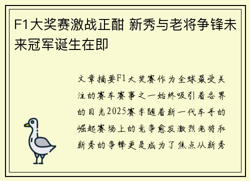 F1大奖赛激战正酣 新秀与老将争锋未来冠军诞生在即