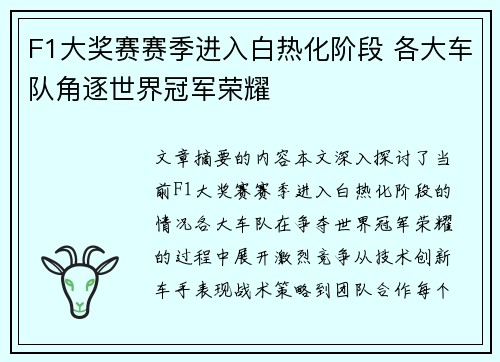 F1大奖赛赛季进入白热化阶段 各大车队角逐世界冠军荣耀