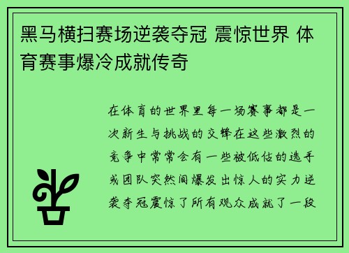 黑马横扫赛场逆袭夺冠 震惊世界 体育赛事爆冷成就传奇